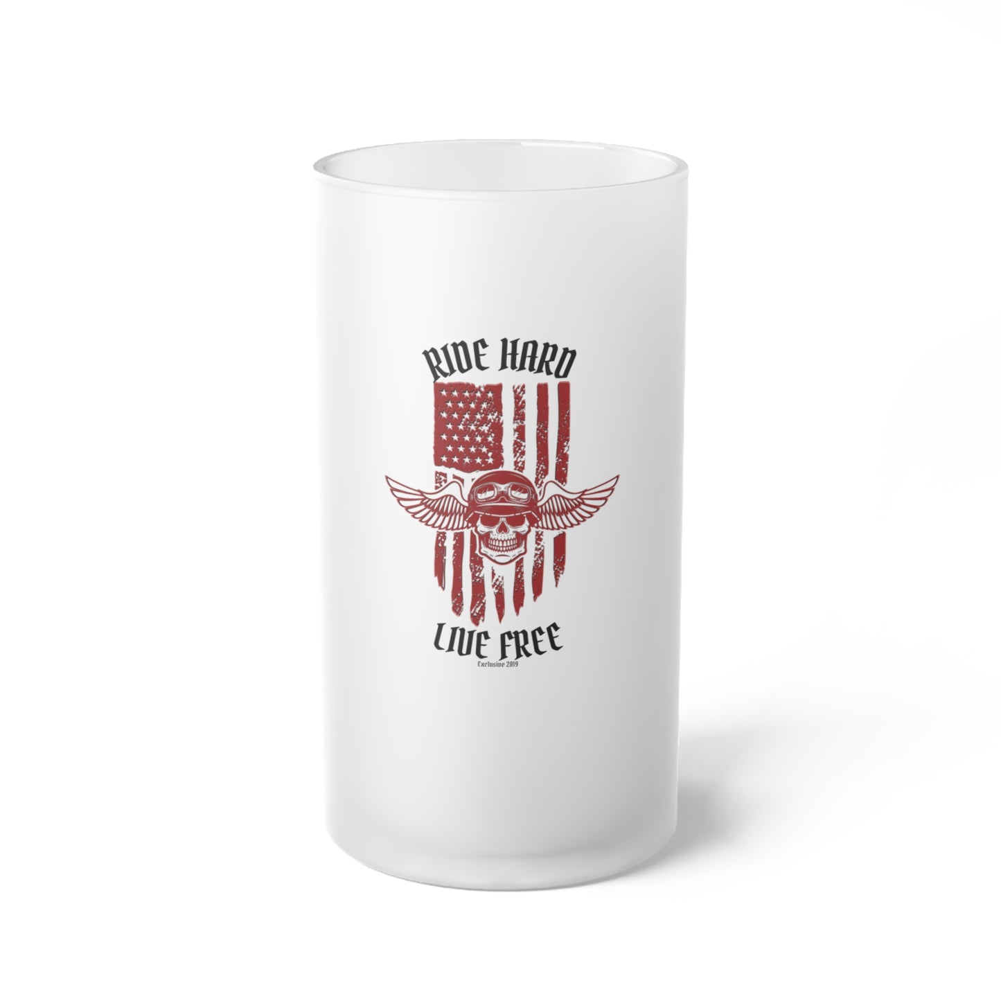 "Ride Hard, Live Free" Frosted Glass Beer Mug