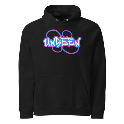 sudadera con capucha negra con el texto 'Unseen' en estilo gráfico colorido