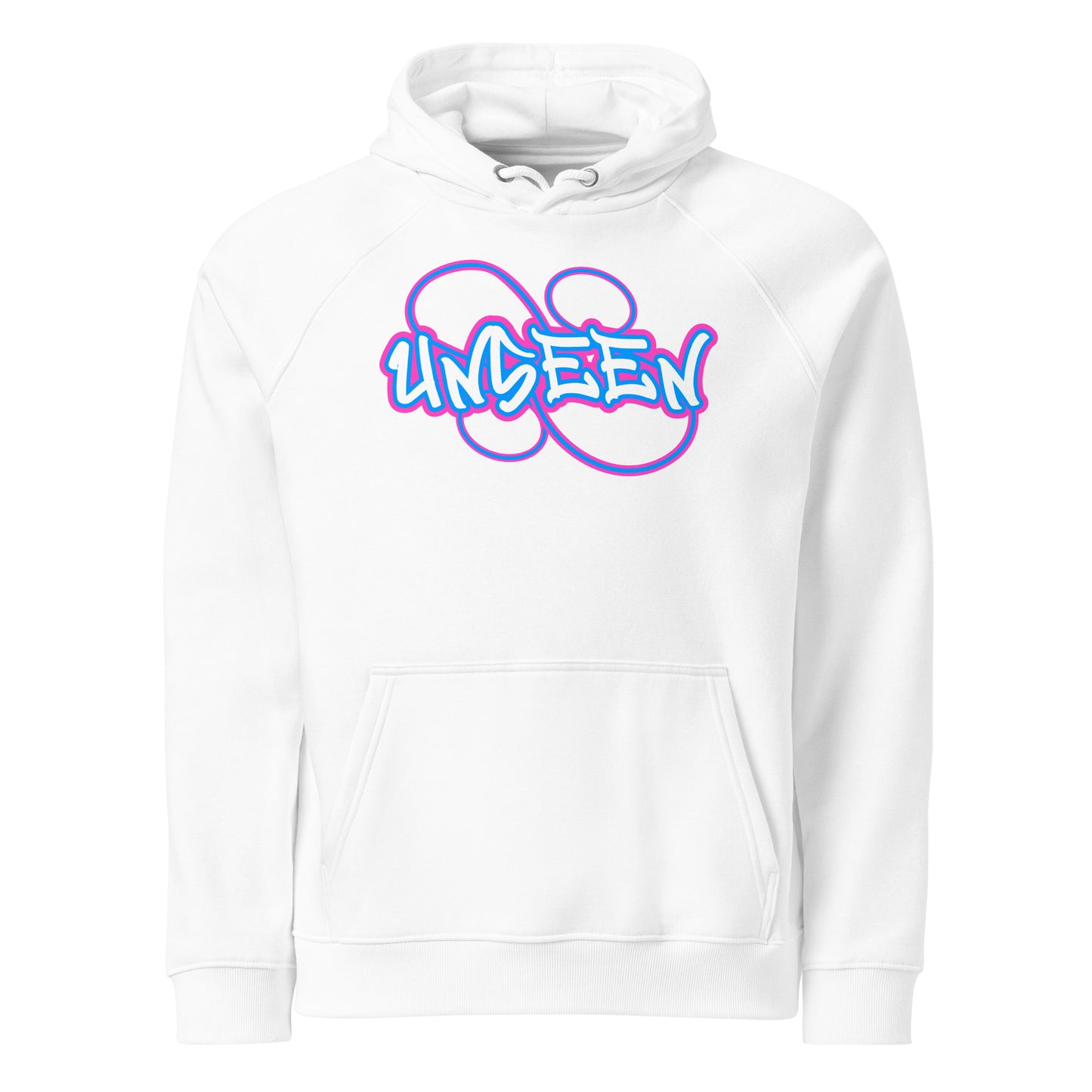 sudadera con capucha blanca con el texto 'Unseen' en estilo gráfico colorido